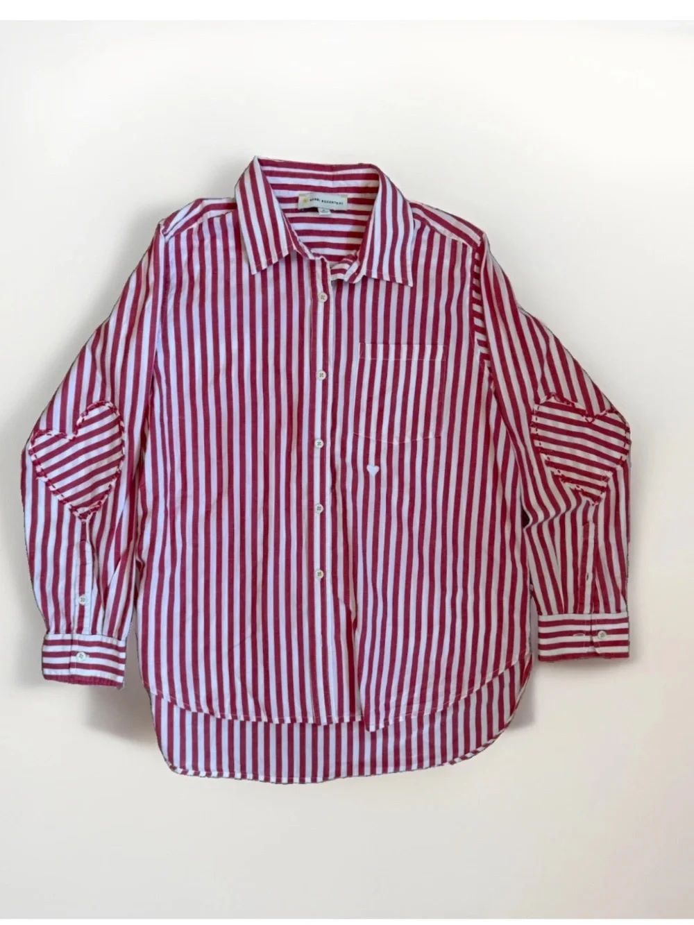 Kerri Rosenthal Mia Stripe Shirt Red White Cotton Heart Patch Button Down Sz M